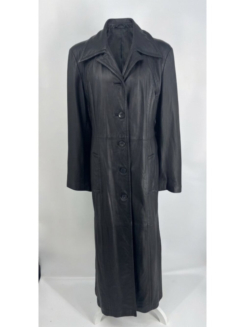 Vintage Winlit Womens Black Genuine Leather Long Trench Coat Edgy Size L